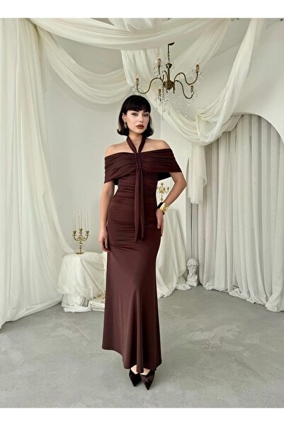 Caddebostan Moda Strapless Collar Detail, Gathered, Midi Length Evening Dress