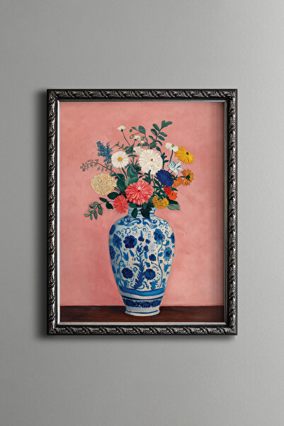 epiqart Spring Flowers in a Blue Patterned Vase - Vintage Patterned Frame - S...