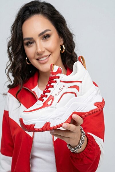 STAR AYAKKABI Kırmızı Beyaz Kadın Gizli Topuklu Spor Ayakkabı Topuk Boyu 10 cm