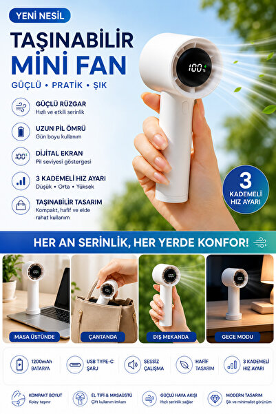 GudeX Dijital Ekranlı Mini Fan USB Şarjlı 3 Kademeli Taşınabilir El Vantilatörü