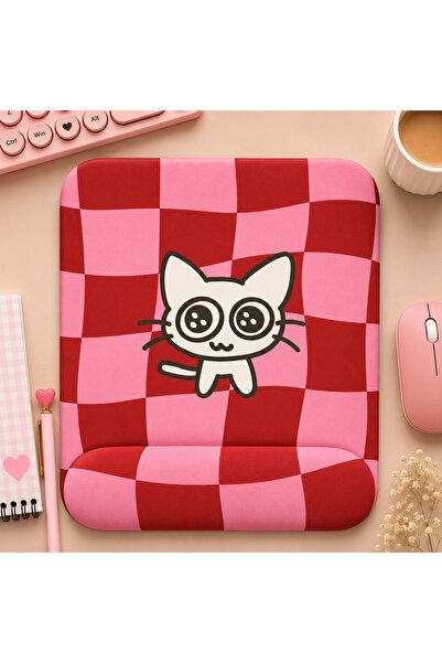 matizya Kırmızı Ekose Sevimli Kedi Kare Bilek Destekli Mousepad 19x23 cm Kawa...