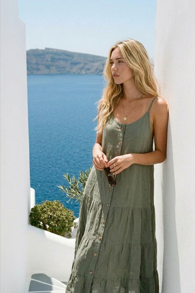 LAGRANZE Resort Collection Buttoned Front Layered Linen Dress