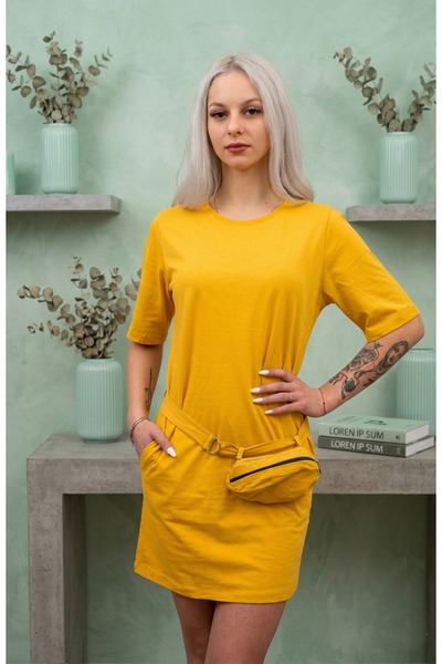 Aylin Rochie tip tricou cu borsetă asortată în talie – Rochie casual din bumb...