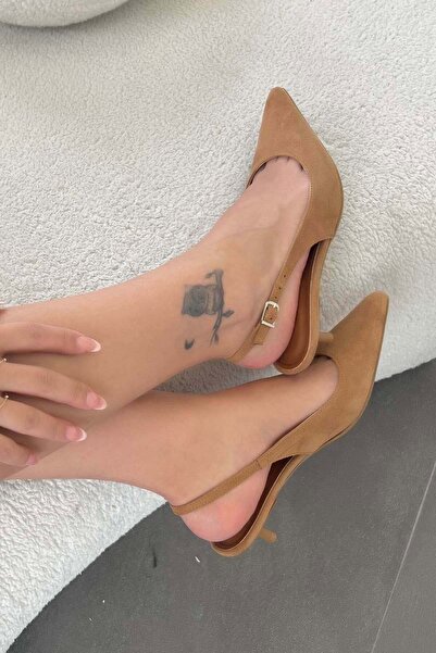 Parponi Agne Women's Open Back Suede Heeled Shoes Camel