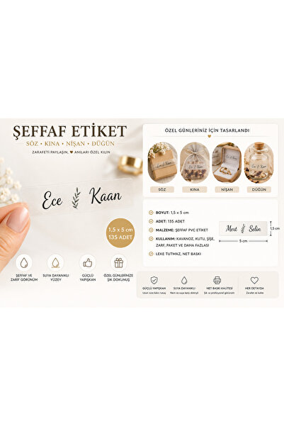 ESK Kişiye Özel Şeffaf Etiket | 1,5x5 Cm 135 Adet | Söz, Kına, Nişan, Düğün, ...