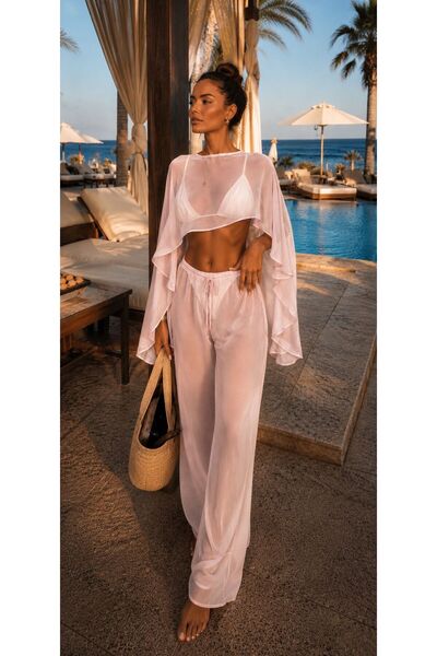 Hazzai TAKIM001 Pembe Şifon Kumaş Bluz Pantolon İkili Takım S-M Beden
