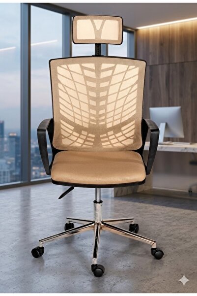 TRENDCORE Ergonomik Fileli Ofis Koltuğu Krem Başlıklı Çalışma Sandalyesi Mode...