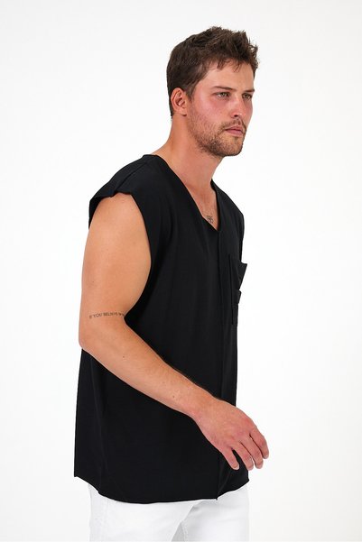 rammerry V-Neck Dirty Cut Detailed Pocketed Zero Sleeve T-Shirt Comfortable Cut
