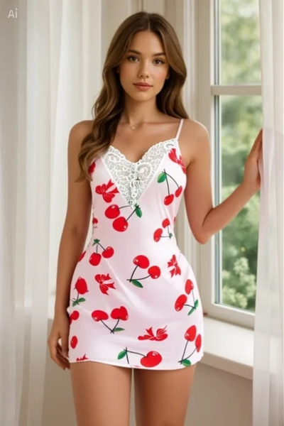 Beruflic Women's Cherry Patterned Strap Dress Lace Detailed Stylish Women's M...