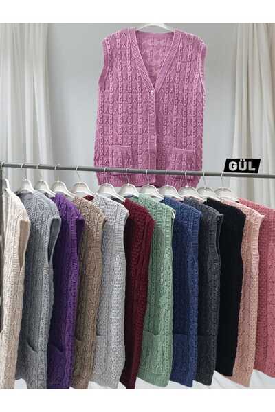 HACERLİ Dusty Rose Knitted Vest Tirikoacrylic and Collar Pocketed Buttoned St...