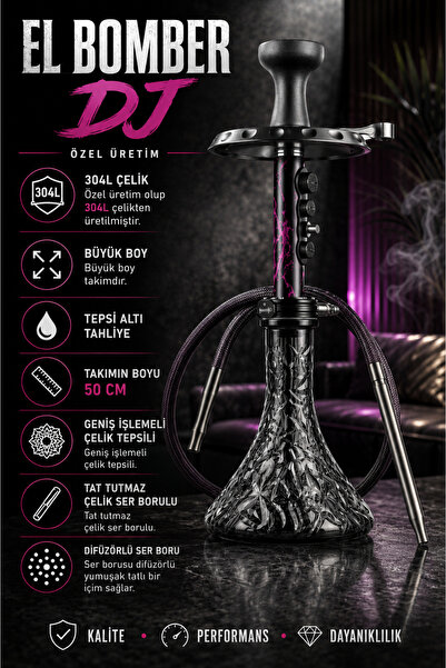 perfectmegastore El Bomber DJ Nargile Takımı 50 cm Büyük Boy 304L Paslanmaz Ç...