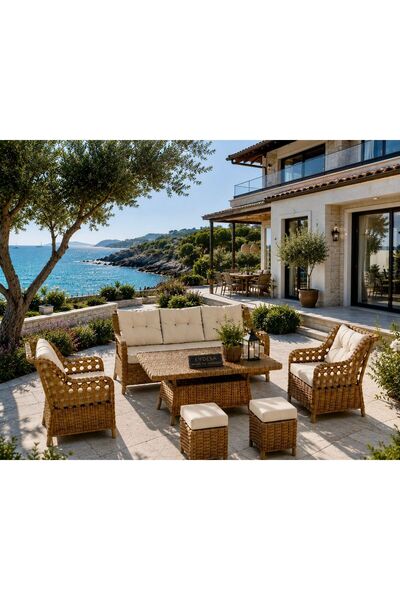 Evdesa İzmir Rattan Puflu Bahçe Balkon Takımı 3+1+1 Kahve