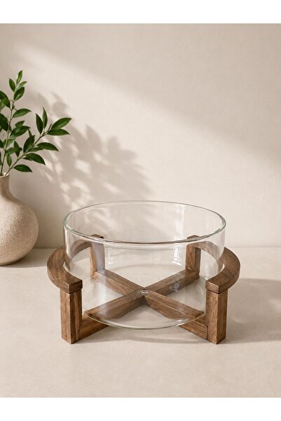 LEONEV Glass Salad Bowl with Acacia Stand, Large Size 20X10 cm