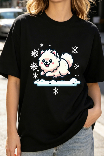 Fleck Womens T Shirts Cute Pomeranian Dog Winter Snowflake Print Casual Carto...