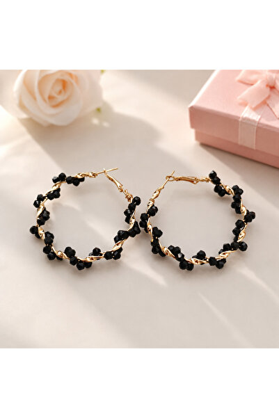 GlaMLo Accessories Round Gold Earrings with Black Crystals