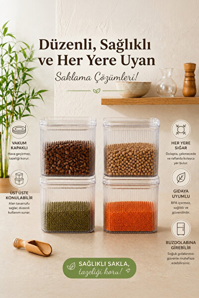 Kitchen Life Комплект от 4 големи вакуумни правоъгълни буркана с етикети, 1.6...