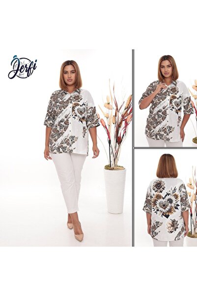 JERFİ Women's Plus Size Stone Printed Fabric Shirt
