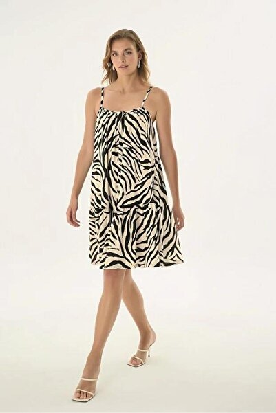 GİZZEY 21511 Zebra Patterned Rope Strap Flounce Dress