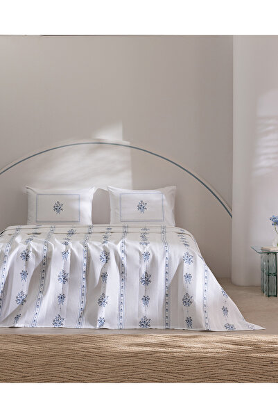 Madame Coco Victoire King Size 100% Cotton Karde Printed Pique Set - Blue