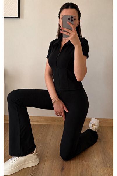 moda paketi Μαύρο Σετ Κοντομάνικο Κολάν με Μισό Φερμουάρ – Εφαρμοστό Ισπανικό...