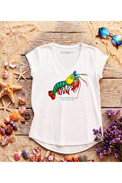 ScubaPromoTurkey Mantis Shrimp Printed White V-Neck Flared Cotton T-Shirt