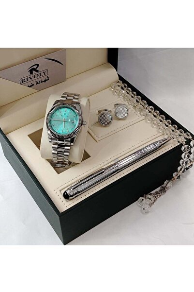 RİVOLİ Men's Stainless Steel Set consisting of a watch, rosary, pen, and cuff...