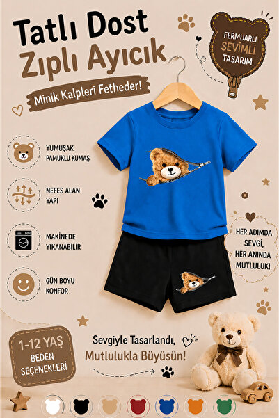 OVERMAX Cute Teddy Bear Printed Children's Set with Zipper – T-Shirt & Shorts...