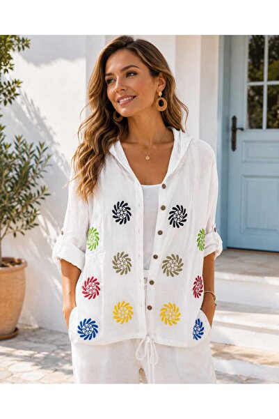Butik Şans Women's Embroidery Detailed Hooded Seasonal Shirt Jacket with Pockets