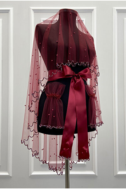 ZEYMERADE Burgundy Bridal Veil Set, Sparkling Crystal Stone and Pearl Decorat...