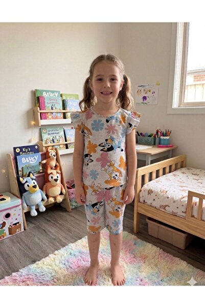 tusem butik homewear Devojčički pamučni sivi letnji pidžama set sa kratkim ru...