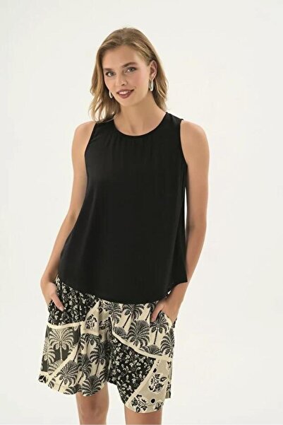 Sevim 21517 Black Beige Patchwork Tropical Patterned Thick Strap Shorts Set