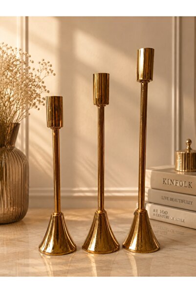Hureggo vintage Minimalist Fransız Stil Gold Metal 3'lü Şamdan Seti - 22/25/2...