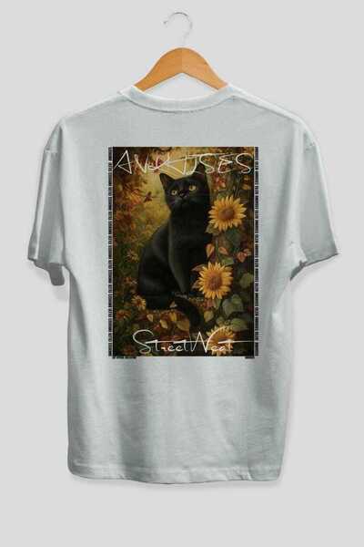 Ankhises For the Love of Cats 89 Cats Printed White Oversize T-Shirt 100% Cot...