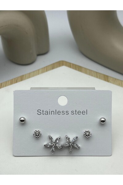 BİJU YILMAZ 26Clk24 Silver Steel Earring Set with Stone Flower Motifs