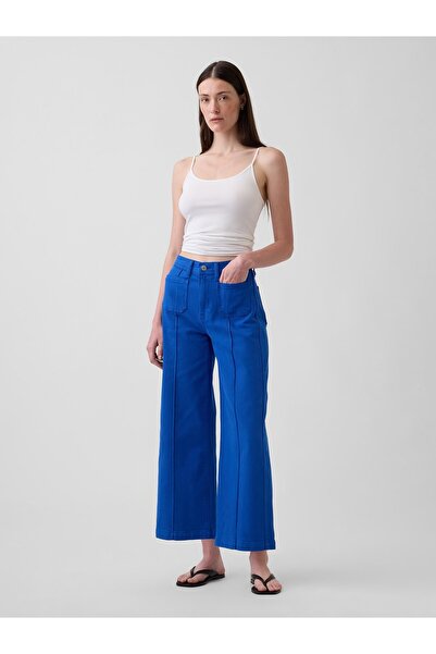GAP Kadın Kobalt Mavisi High Rise Stride Wide-Leg Ankle Jean Pantolon