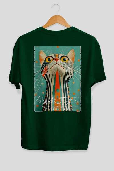 Ankhises 99 Cats for Cat Lovers Printed Green Oversize T-Shirt 100% Cotton Un...