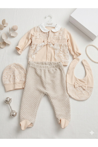 Victorino Costum Nou-Născut Mymio 4 Piese, Bumbac 100% Premium, Dantelă Elegantă