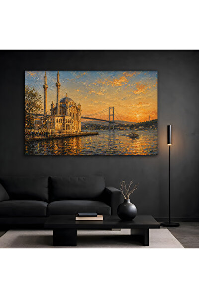 burmus Yağlı Boya Görünümlü İstanbul Manzarası Cam Tablo Ofis ve İş Yeri Deko...