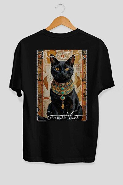 Ankhises For the Love of Cats 74 Cat Printed Black Oversize T-Shirt 100% Cott...