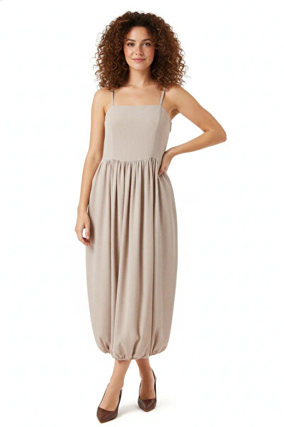 Generic Brand Women's Beige Dress with Gathered Waist and Straps