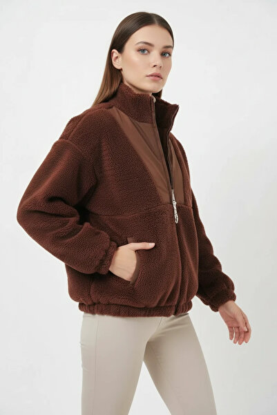 Efnaz style Women's High Collar Zippered Brown Jacket