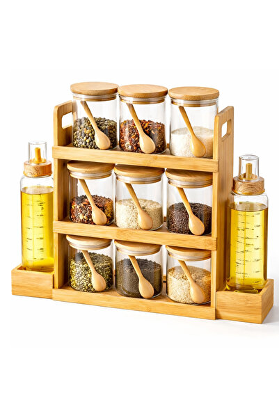zorlo online store رف توابل من الخيزران بـ 9 أوعية مع زجاجتين للزيت - أوعية ز...
