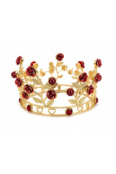 OEM Golden crown with red roses and burgundy pearls - romantic floral