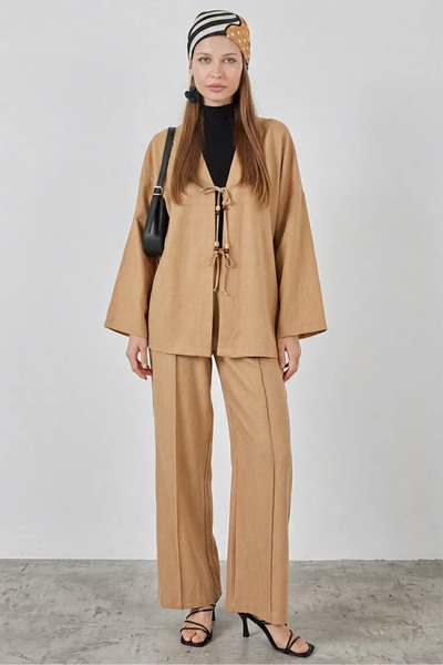 buğrahayalin Women's V-Neck Kimono Belted Linen Biscuit Double Set