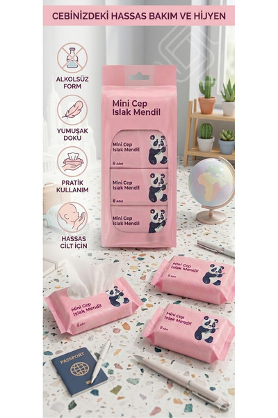 mammam 8’li Mini Cep Islak Mendil, Pembe, Panda, Alkolsüz, Kokusuz, Taşınabilir