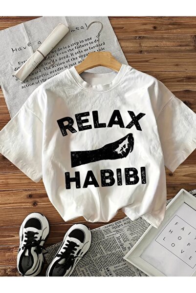 AEMİ Tricou unisex Relax Habibi cu imprimeu, supradimensionat, cu gât rotund