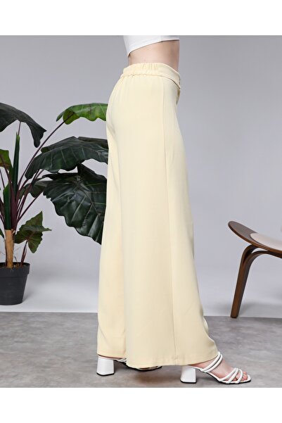 Modabenna Yellow Wide Leg Palazzo Trousers Crepe Fabric Elastic Waist Comfort...