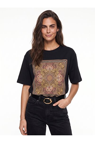 ONLOOX Black Cotton Crew Neck Short Sleeve Oversize Ethnic Printed Beaded Emb...