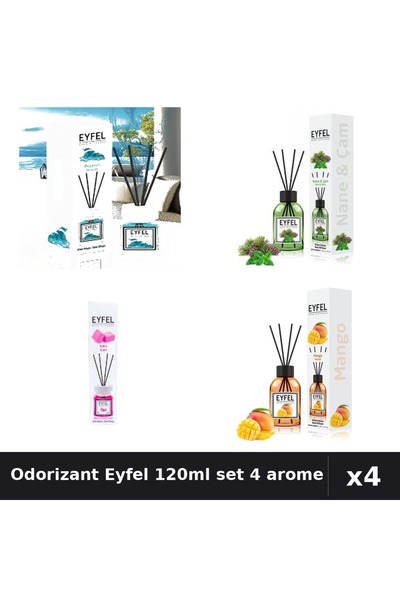 Eyfel Set 4 Odorizant Cameră cu Bețișoare 120ml - Ocean, Pin Mentă, Bubble Gu...