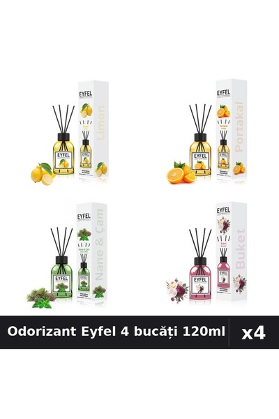Eyfel Set 4 Odorizant Camera Betisoare 120ml - Lămâie, Portocală, Pin Mentă, ...
